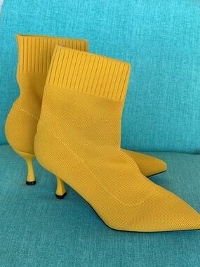 Yellow Knit Pointed-Toe Sock Boot with Kitten Heel